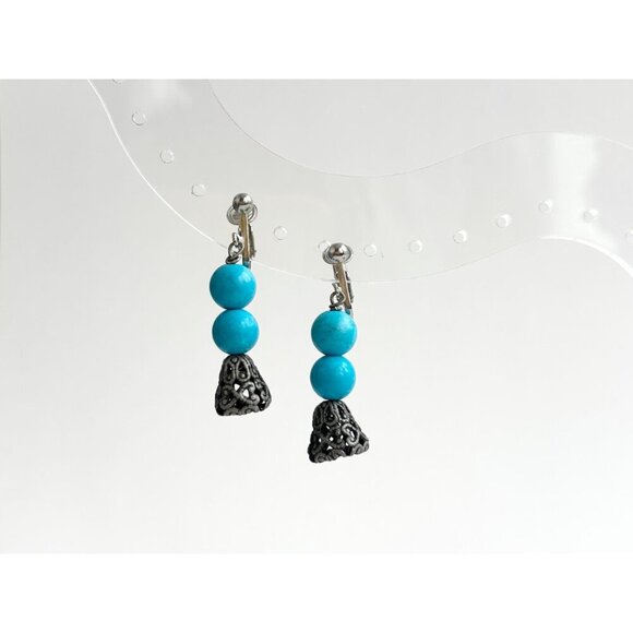 Southwest Style Faux Turquoise Silver Toned Vintage Dangle Clip On Earrings - Picture 5 of 7